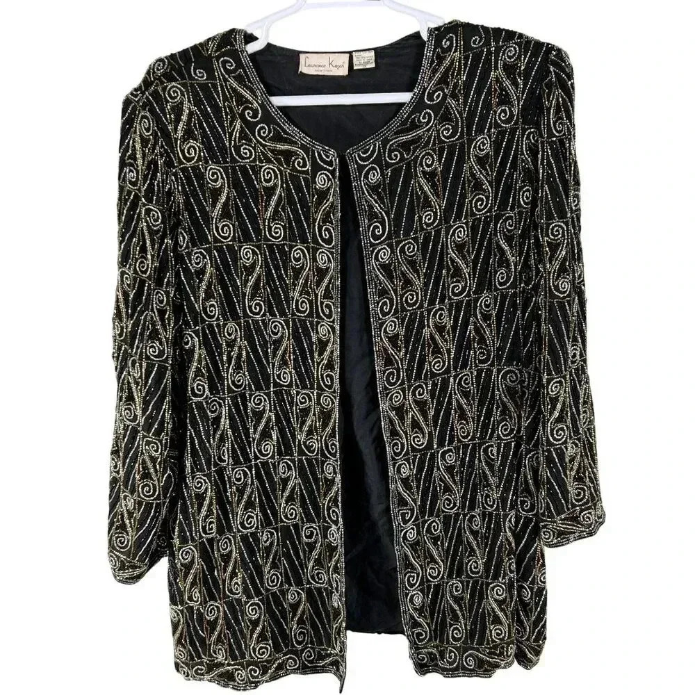 VTG Laurence Kazar Womens 3X 100% Silk Cardigan 3D Art To Wear Allover Beaded